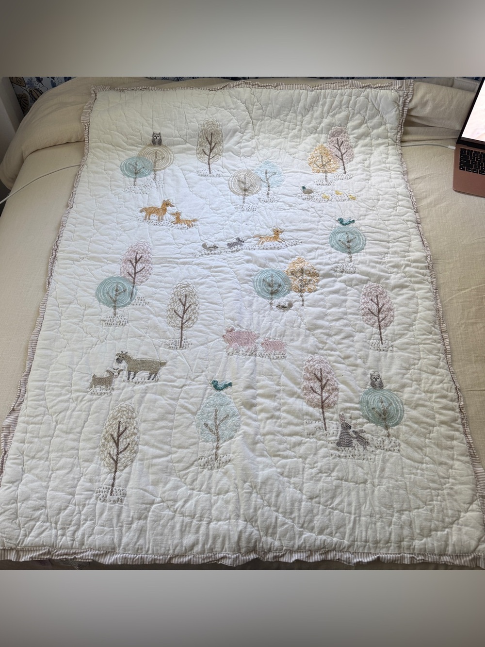 Pottery Barn Kids Cotton Dakota Woodland Animals Embroidered Baby Quilt 37x50